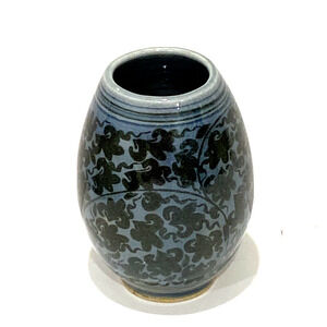 Vintage Art Pottery Mini or Bud Vase Handpainted Blue Brown Floral Glossy Signed